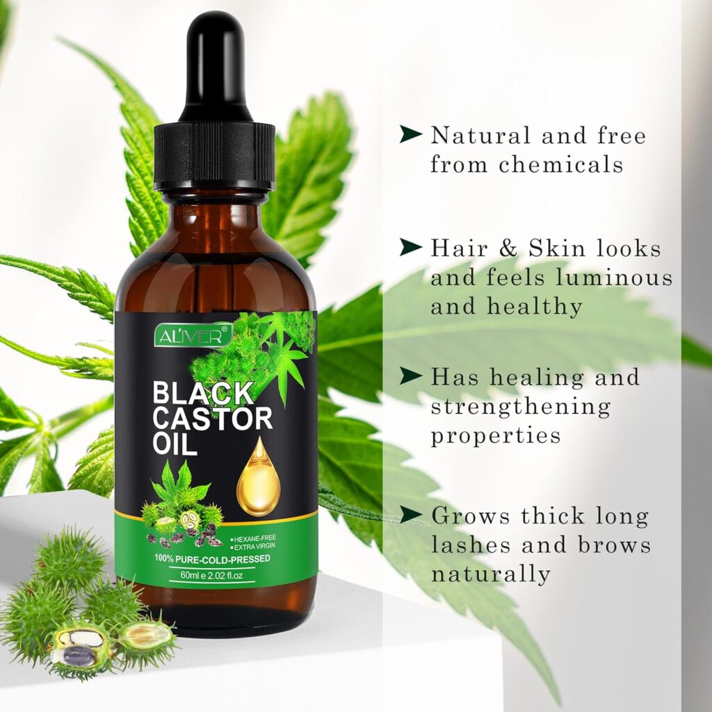 Black Castor Oil,60ml Cold Pressed Organic Massage Castor Oil,Essential Carrier Oil for Hair Eyelashes Eyebrows, Scalp Face Body Skin Nail Moisturizer,Aromatherapy Oil for Unisex