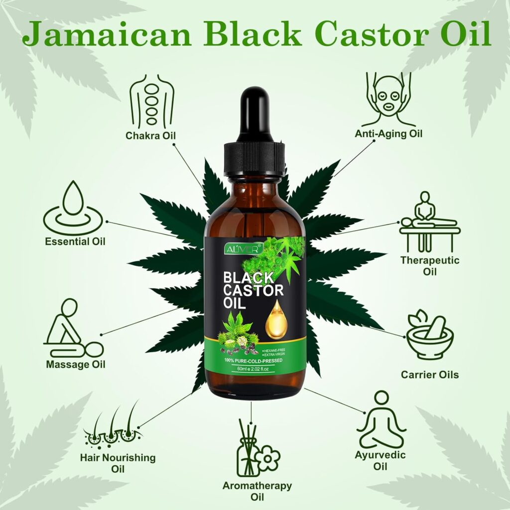 Black Castor Oil,60ml Cold Pressed Organic Massage Castor Oil,Essential Carrier Oil for Hair Eyelashes Eyebrows, Scalp Face Body Skin Nail Moisturizer,Aromatherapy Oil for Unisex