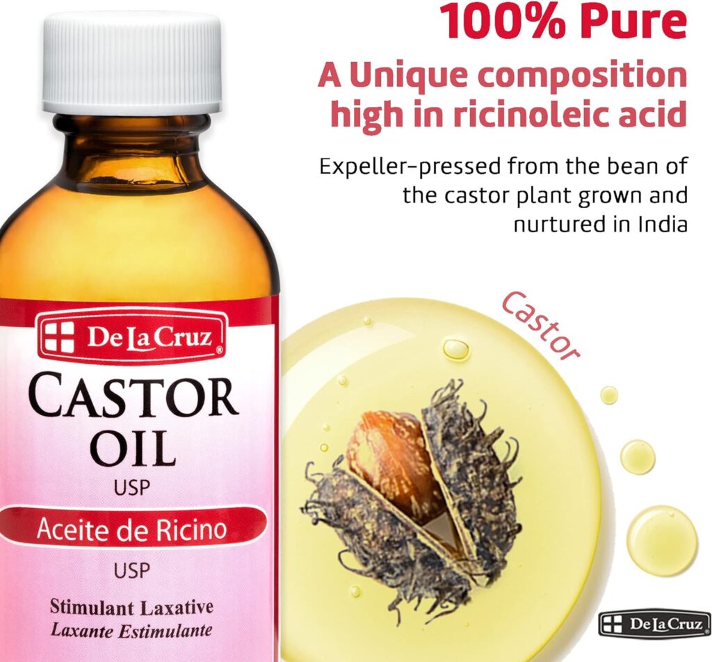De La Cruz Castor Oil - 100% Pure Expeller Pressed Castor Oil for Nourishing Skin, Hair, Eyelashes, and Eyebrows - Natural Laxative USP Grade, 2 FL Oz