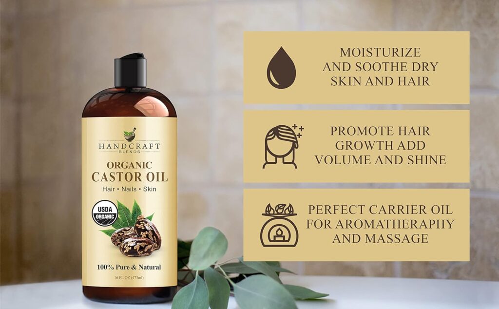 Handcraft Organic Castor Oil for Hair Growth, Eyelashes and Eyebrows - 100% Pure and Natural Carrier Oil, Hair Oil and Body Oil - Moisturizing Massage Oil for Aromatherapy - 16 fl. Oz