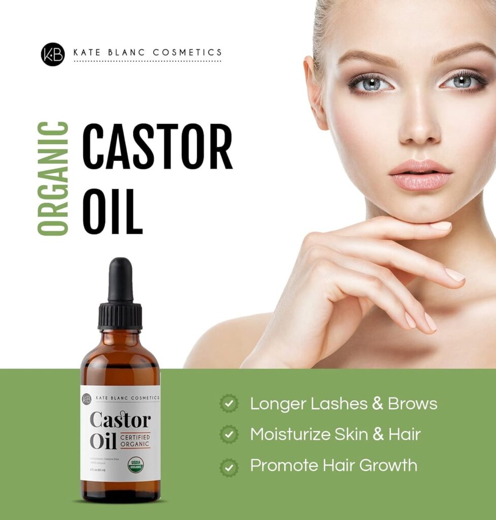 Kate Blanc Cosmetics Castor Oil (2oz), USDA Certified Organic, 100% Pure, Cold Pressed, Hexane Free Stimulate Growth for Eyelashes, Eyebrows, Hair. Skin Moisturizer  Hair Treatment Starter Kit