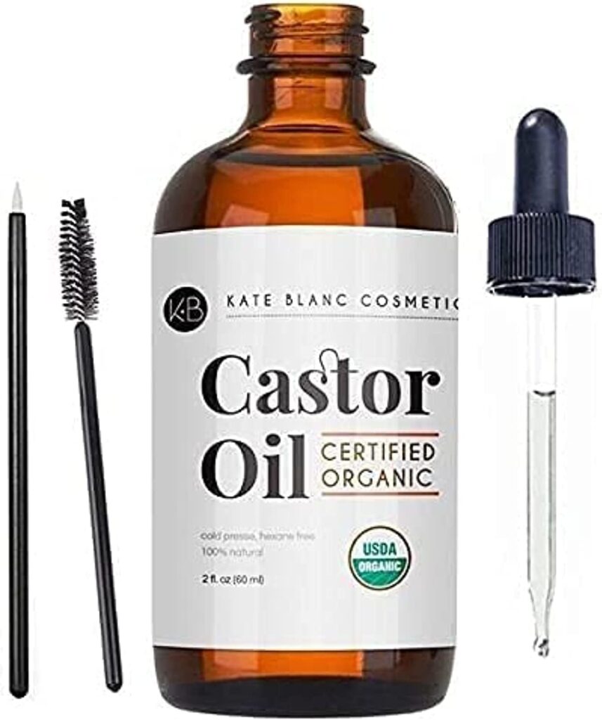 Kate Blanc Cosmetics Castor Oil (2oz), USDA Certified Organic, 100% Pure, Cold Pressed, Hexane Free Stimulate Growth for Eyelashes, Eyebrows, Hair. Skin Moisturizer  Hair Treatment Starter Kit