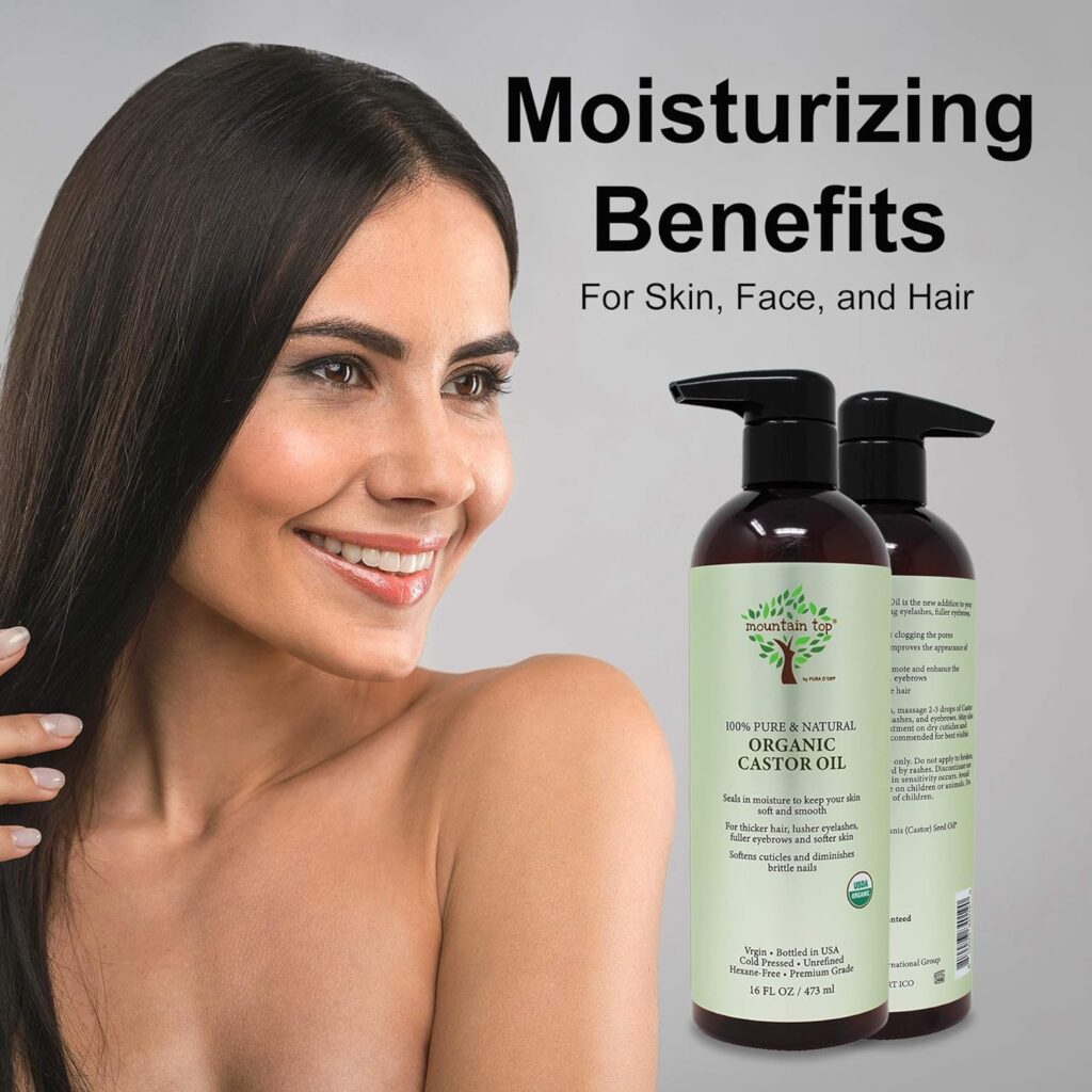 MOUNTAIN TOP Castor Oil (16oz / 473ml) USDA Organic 100% Pure, Cold Pressed, Unrefined, Premium Grade Moisturizer for Lashes, Brows, Skin  Hair - Promotes Thicker Eyebrows, Eyelashes  Healthier Skin